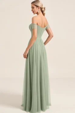 Vestidos Para Casamento Convidada Matcha Chiffon Linha-A Fora do Ombro Longo