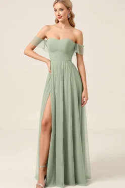 Vestidos Para Casamento Convidada Matcha Chiffon Linha-A Fora do Ombro Longo