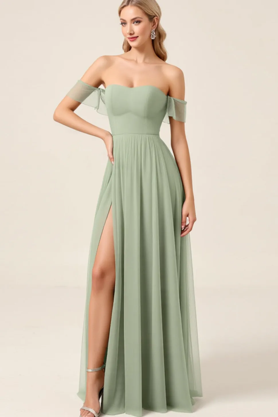 Vestidos Para Casamento Convidada Matcha Chiffon Linha-A Fora do Ombro Longo