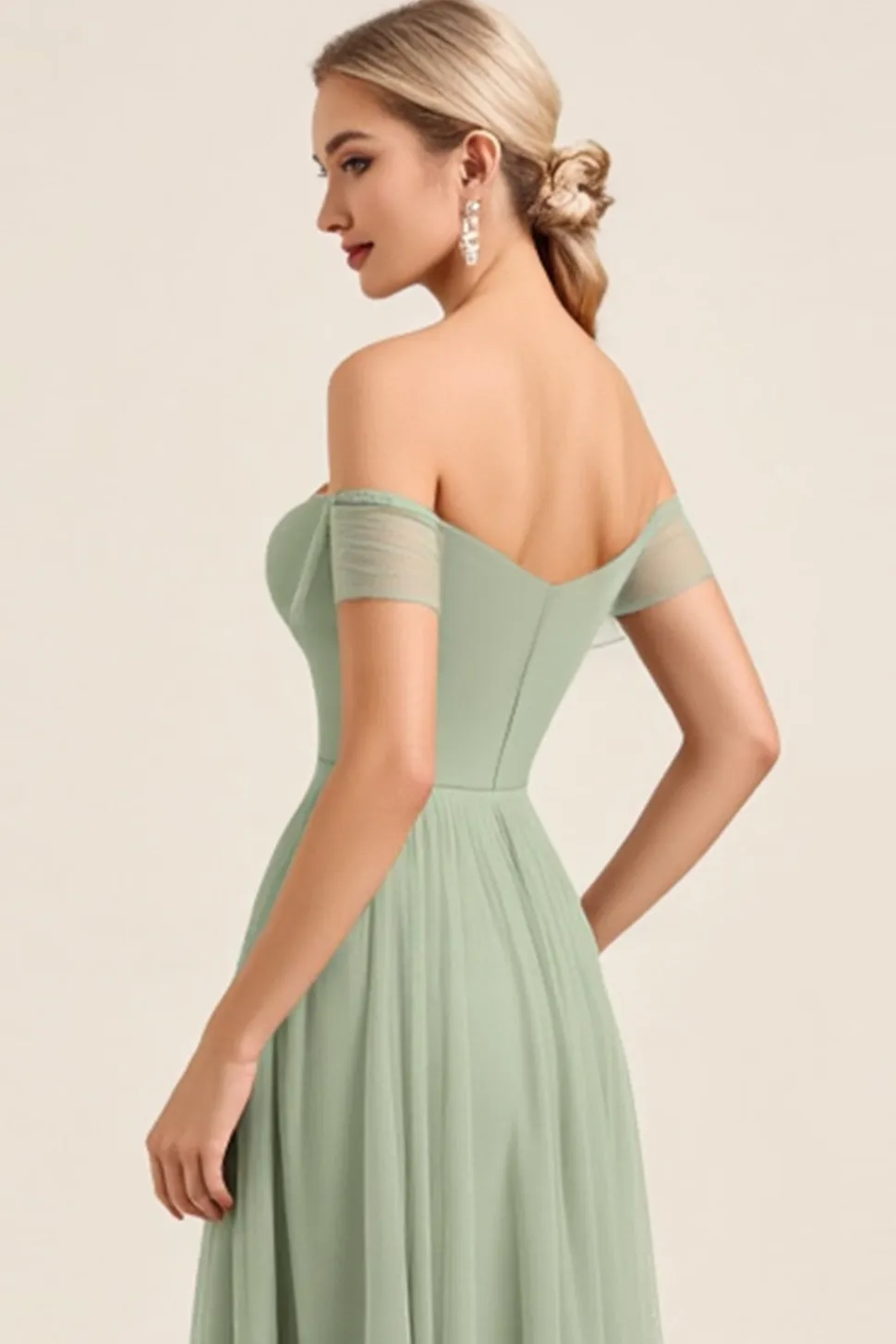 Vestidos Para Casamento Convidada Matcha Chiffon Linha-A Fora do Ombro Longo