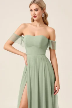 Vestidos Para Casamento Convidada Matcha Chiffon Linha-A Fora do Ombro Longo