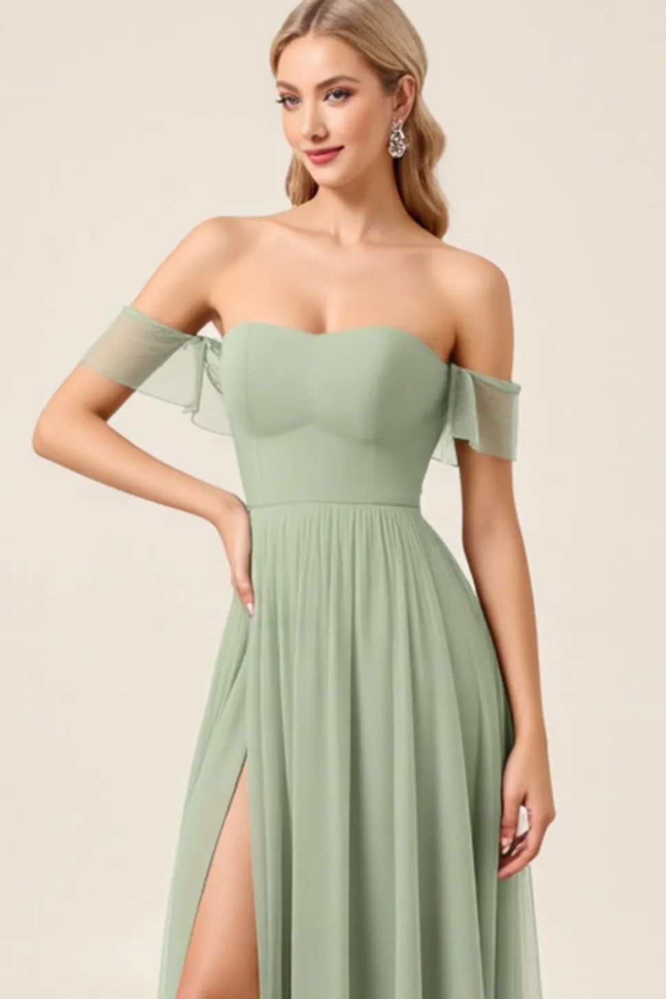 Vestidos Para Casamento Convidada Matcha Chiffon Linha-A Fora do Ombro Longo