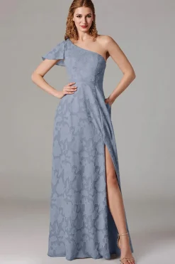 Vestidos Para Casamento Convidada com Fenda Azul Cinzento Longo Um Ombro