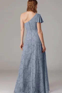 Vestidos Para Casamento Convidada com Fenda Azul Cinzento Longo Um Ombro