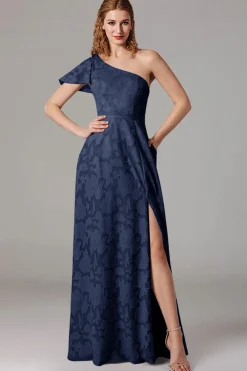 Vestidos Para Casamento Convidada com Fenda Azul Cinzento Longo Um Ombro