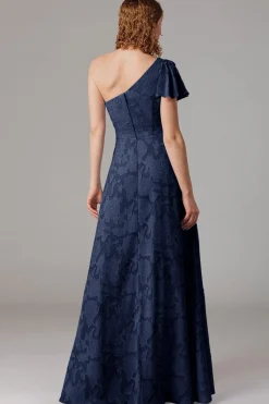 Vestidos Para Casamento Convidada com Fenda Azul Cinzento Longo Um Ombro