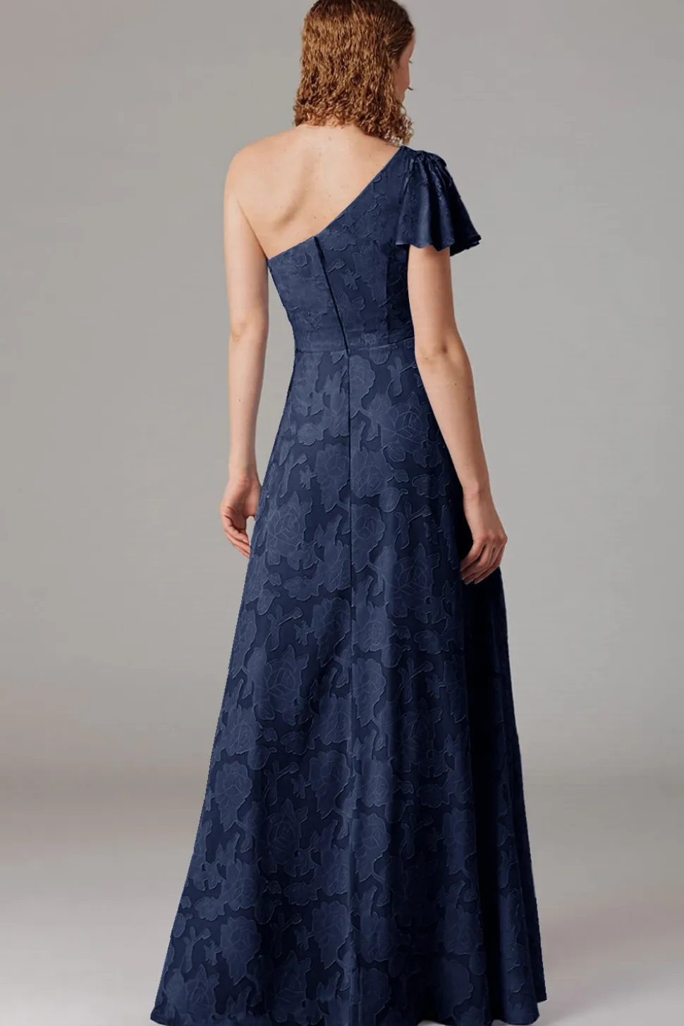 Vestidos Para Casamento Convidada com Fenda Azul Cinzento Longo Um Ombro