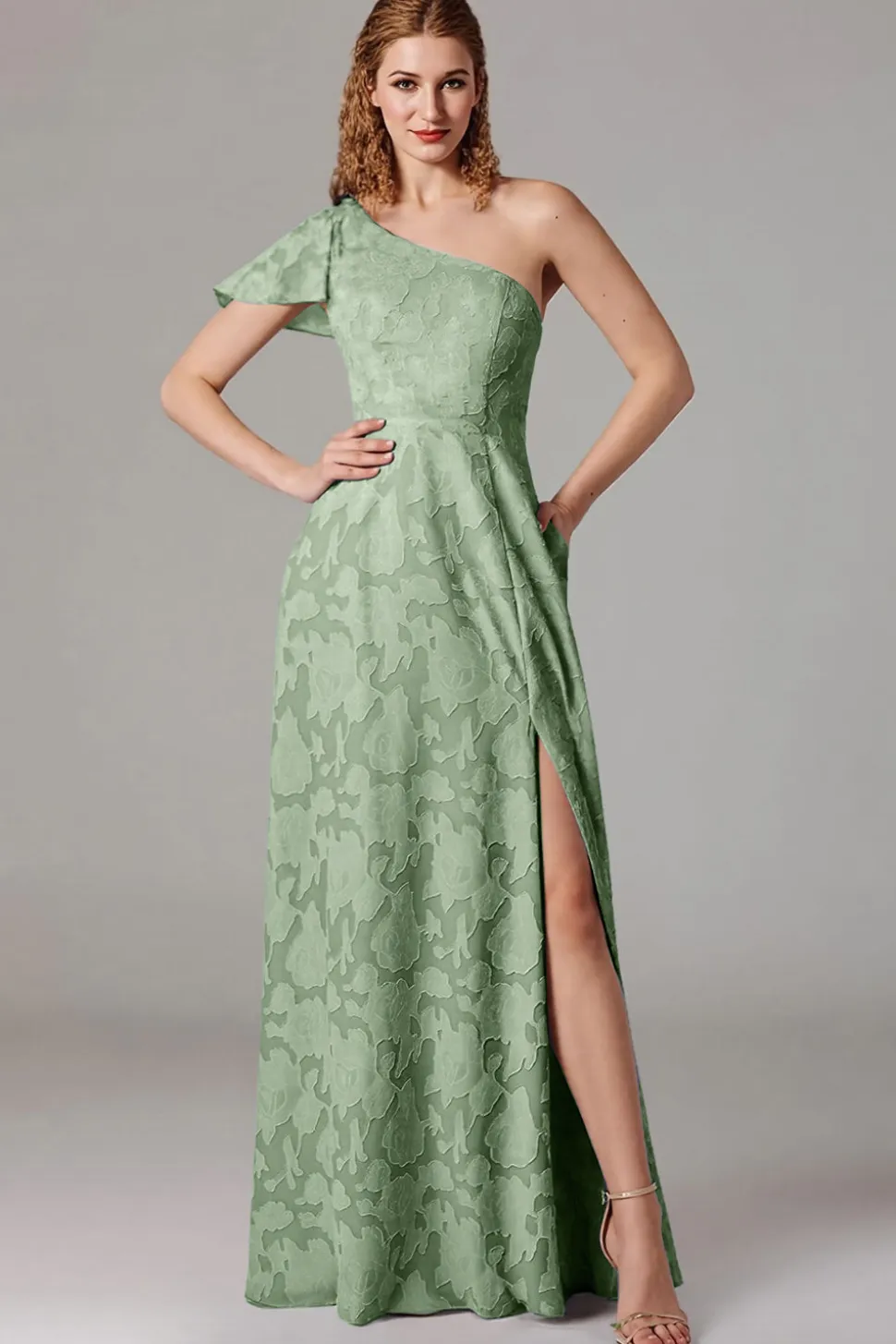 Vestidos Para Casamento Convidada com Fenda Azul Cinzento Longo Um Ombro