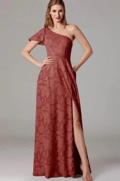 Vestidos Para Casamento Convidada com Fenda Azul Cinzento Longo Um Ombro