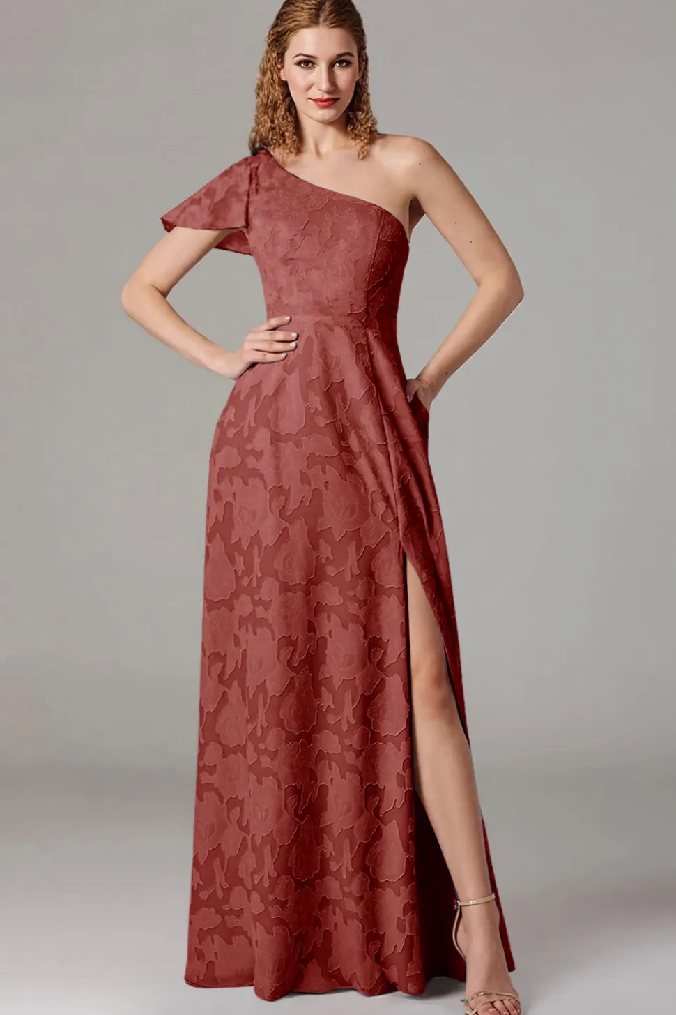 Vestidos Para Casamento Convidada com Fenda Azul Cinzento Longo Um Ombro