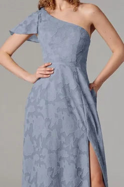 Vestidos Para Casamento Convidada com Fenda Azul Cinzento Longo Um Ombro