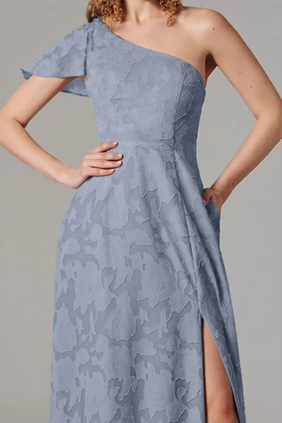 Vestidos Para Casamento Convidada com Fenda Azul Cinzento Longo Um Ombro
