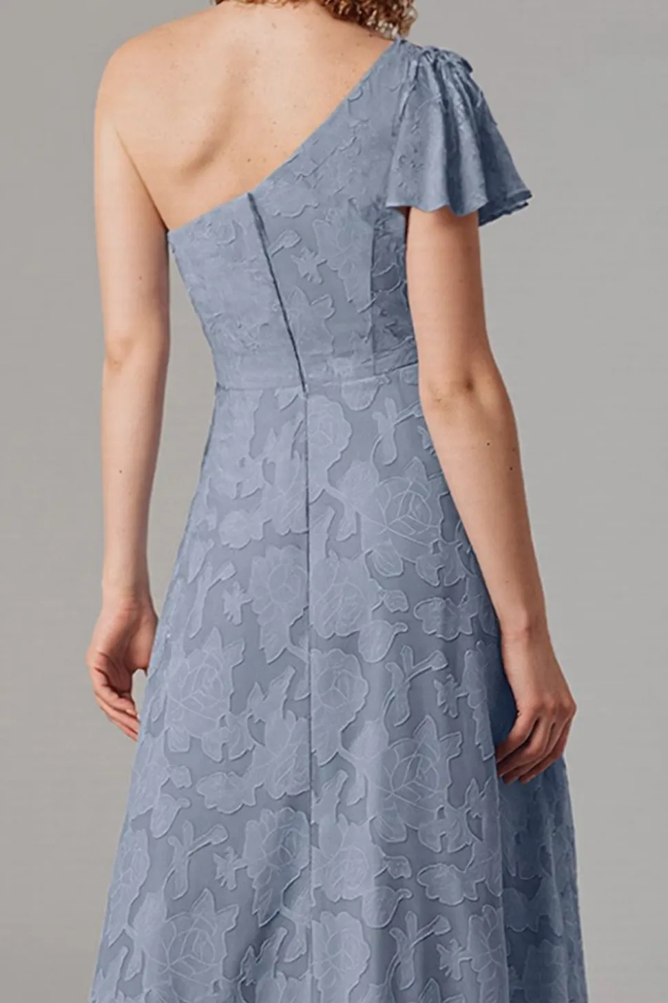 Vestidos Para Casamento Convidada com Fenda Azul Cinzento Longo Um Ombro