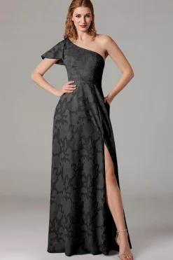 Vestidos Para Casamento Convidada com Fenda Azul Cinzento Longo Um Ombro