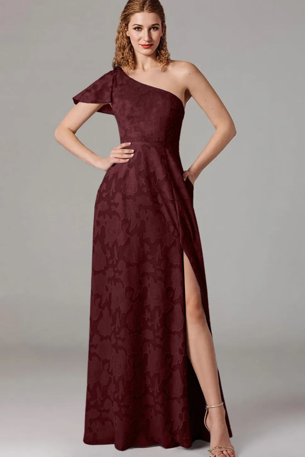 Vestidos Para Casamento Convidada com Fenda Azul Cinzento Longo Um Ombro