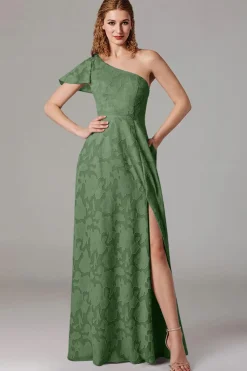Vestidos Para Casamento Convidada com Fenda Azul Cinzento Longo Um Ombro