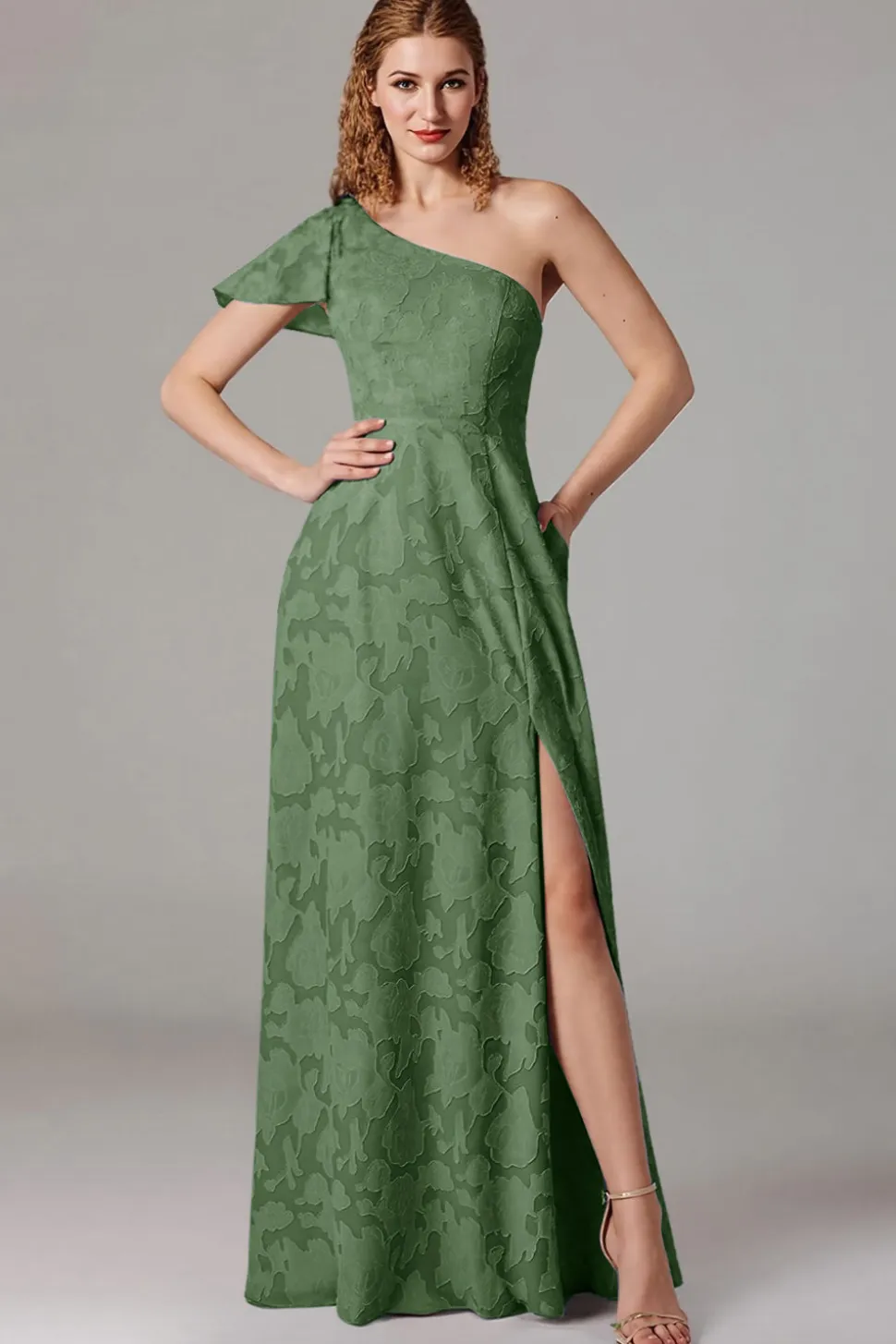 Vestidos Para Casamento Convidada com Fenda Azul Cinzento Longo Um Ombro