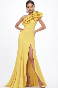 Vestidos Para Casamento Convidada com Fenda Longo Amarelo Um Ombro Babado