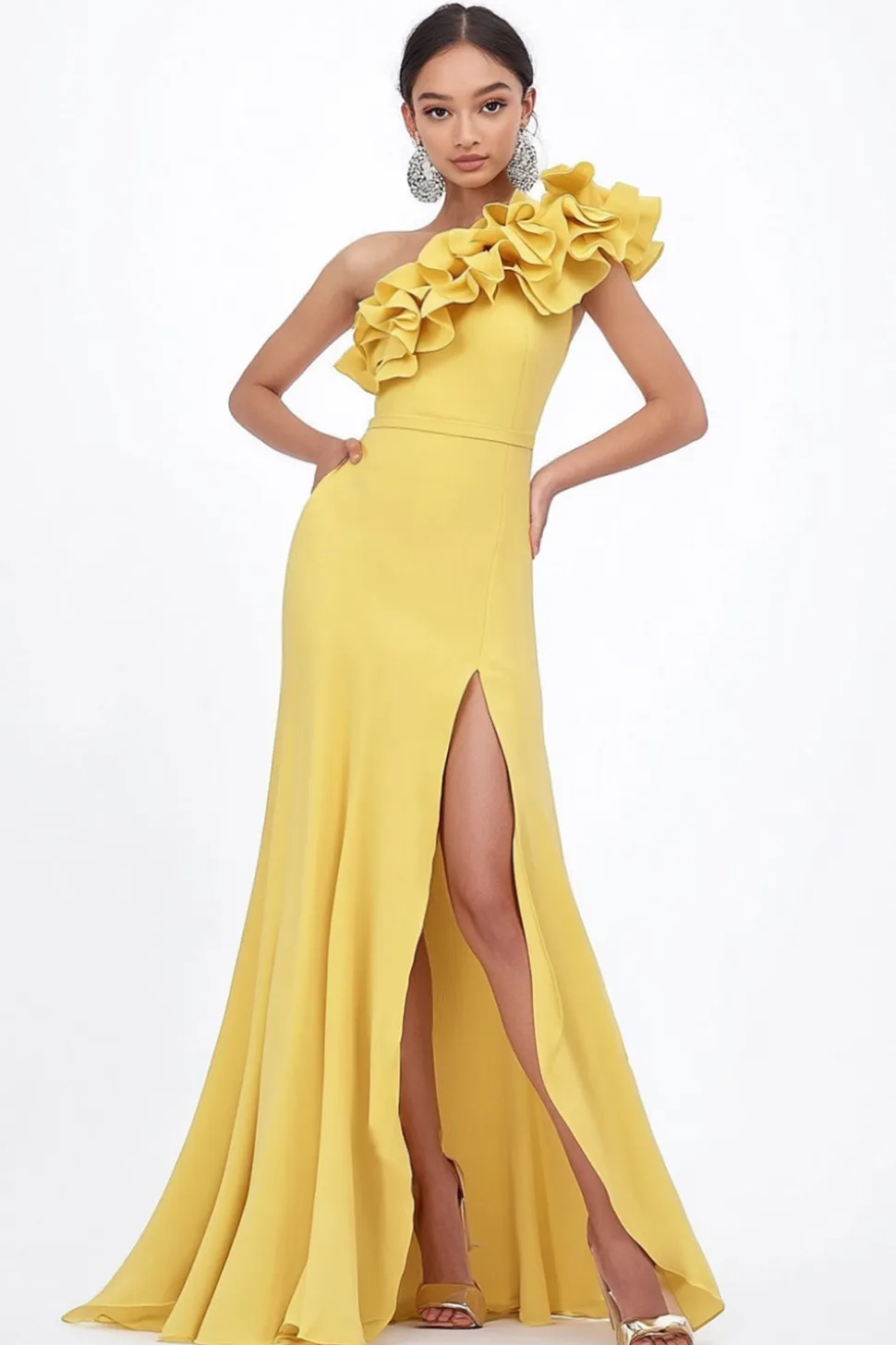 Vestidos Para Casamento Convidada com Fenda Longo Amarelo Um Ombro Babado