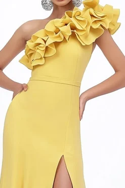 Vestidos Para Casamento Convidada com Fenda Longo Amarelo Um Ombro Babado