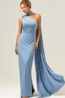 Vestidos Para Casamento Convidada Bainha Azul Cinzento Um Ombro Cetim Longo