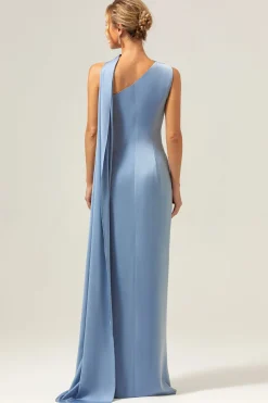 Vestidos Para Casamento Convidada Bainha Azul Cinzento Um Ombro Cetim Longo