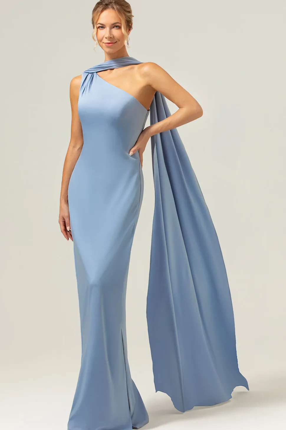 Vestidos Para Casamento Convidada Bainha Azul Cinzento Um Ombro Cetim Longo