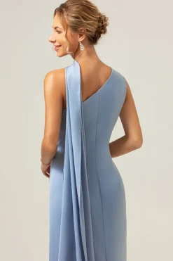 Vestidos Para Casamento Convidada Bainha Azul Cinzento Um Ombro Cetim Longo