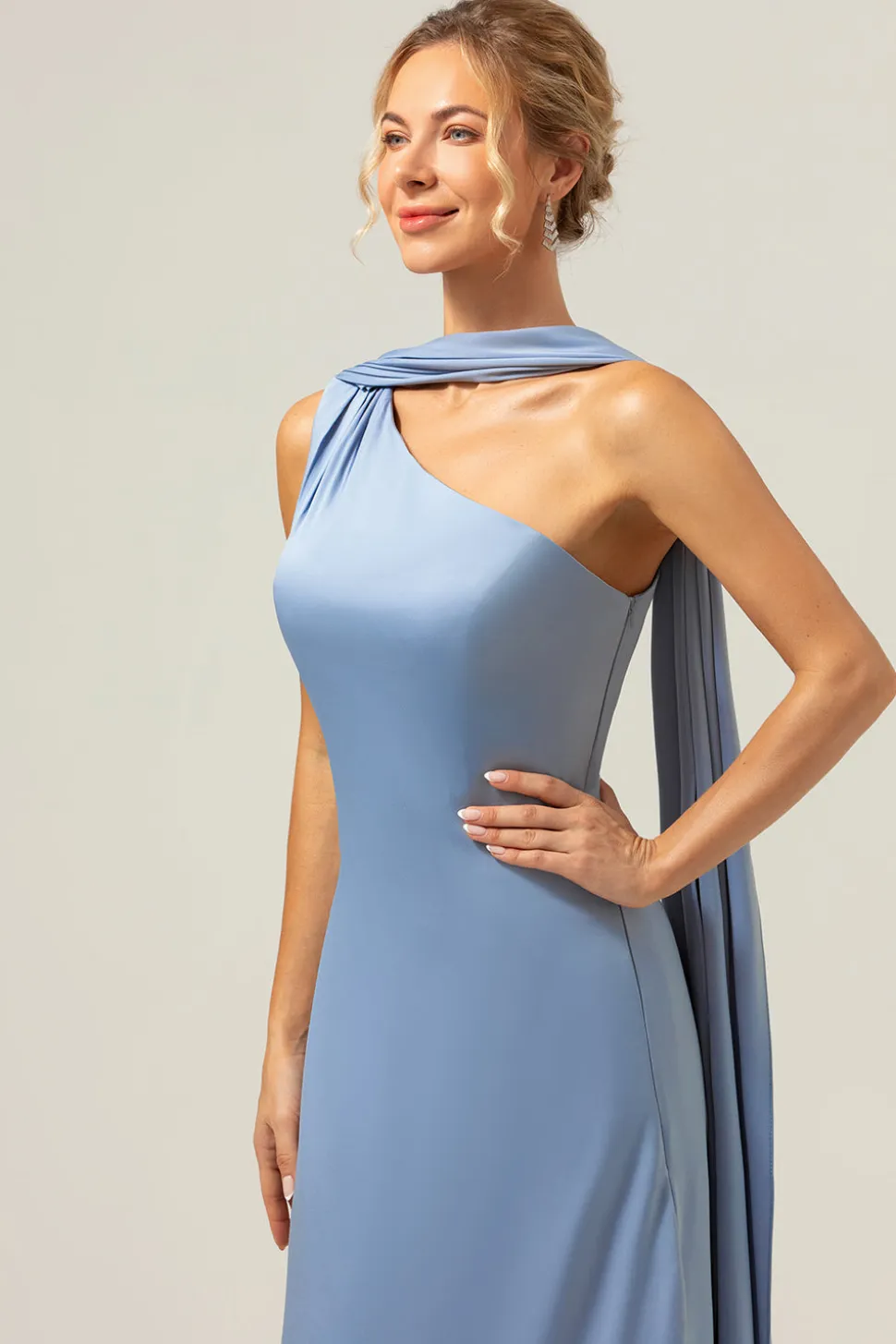 Vestidos Para Casamento Convidada Bainha Azul Cinzento Um Ombro Cetim Longo