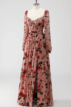 Vestidos Para Casamento Convidada Rosa Poeirenta Floral Corset Linha-A Mangas Longas