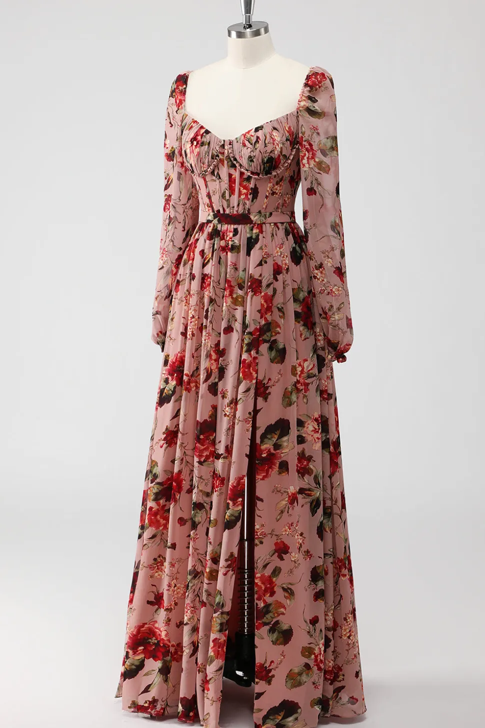 Vestidos Para Casamento Convidada Rosa Poeirenta Floral Corset Linha-A Mangas Longas