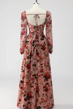 Vestidos Para Casamento Convidada Rosa Poeirenta Floral Corset Linha-A Mangas Longas