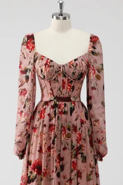 Vestidos Para Casamento Convidada Rosa Poeirenta Floral Corset Linha-A Mangas Longas