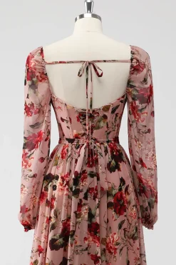 Vestidos Para Casamento Convidada Rosa Poeirenta Floral Corset Linha-A Mangas Longas