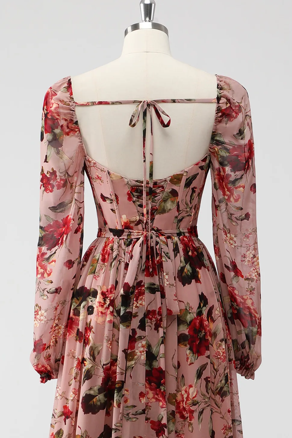 Vestidos Para Casamento Convidada Rosa Poeirenta Floral Corset Linha-A Mangas Longas