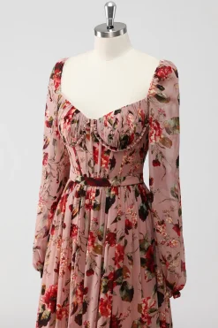 Vestidos Para Casamento Convidada Rosa Poeirenta Floral Corset Linha-A Mangas Longas