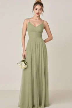 Vestidos Para Casamento Convidada com Fenda Sábio Verde Decote em V Longo