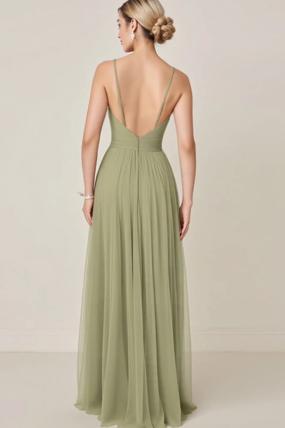 Vestidos Para Casamento Convidada com Fenda Sábio Verde Decote em V Longo