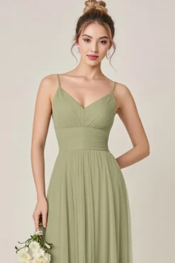 Vestidos Para Casamento Convidada com Fenda Sábio Verde Decote em V Longo