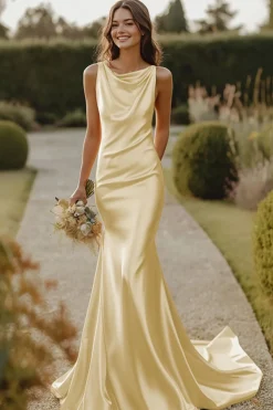 Vestidos Para Casamento Convidada Amarelo Claro Cetim Longo Sereia