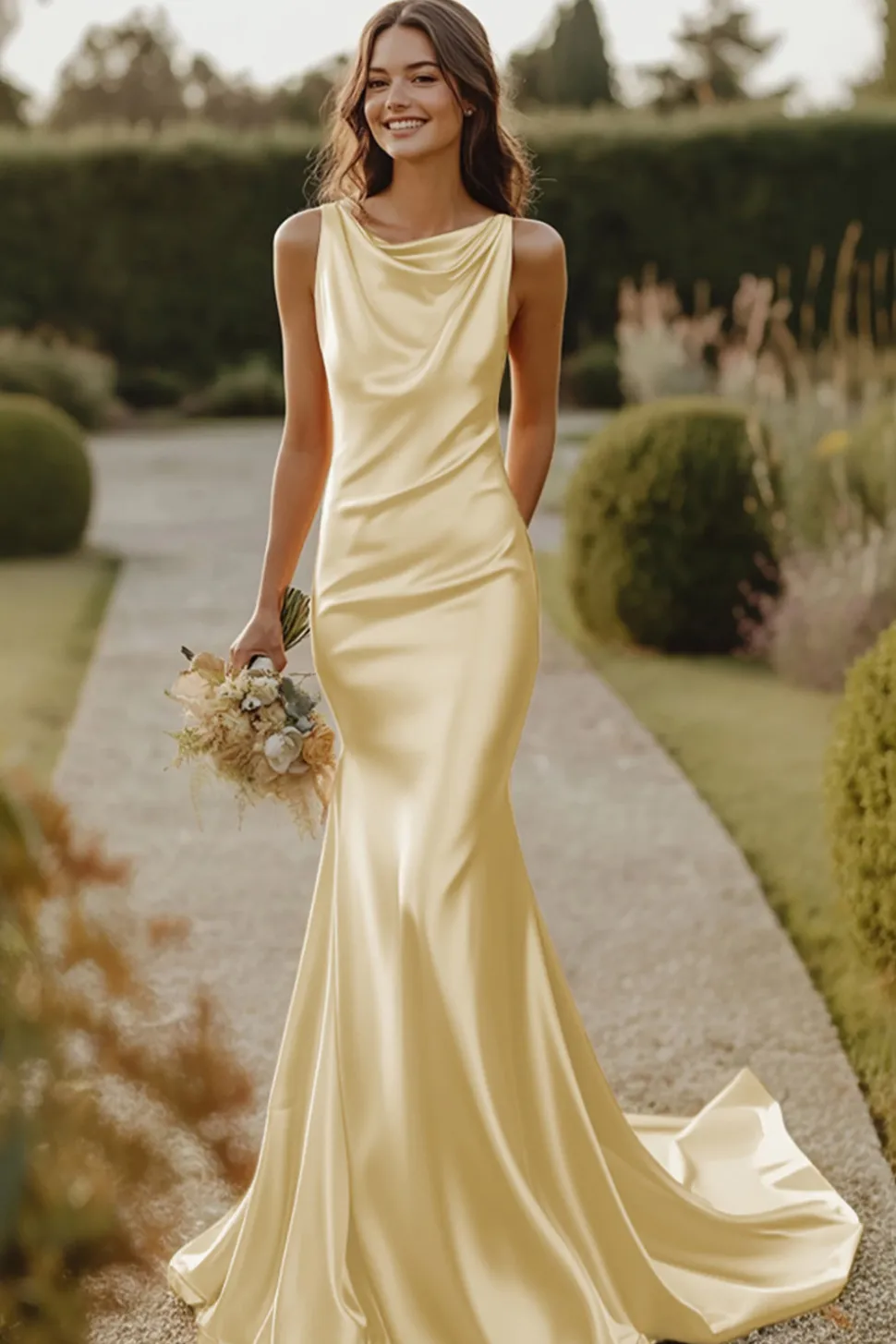 Vestidos Para Casamento Convidada Amarelo Claro Cetim Longo Sereia