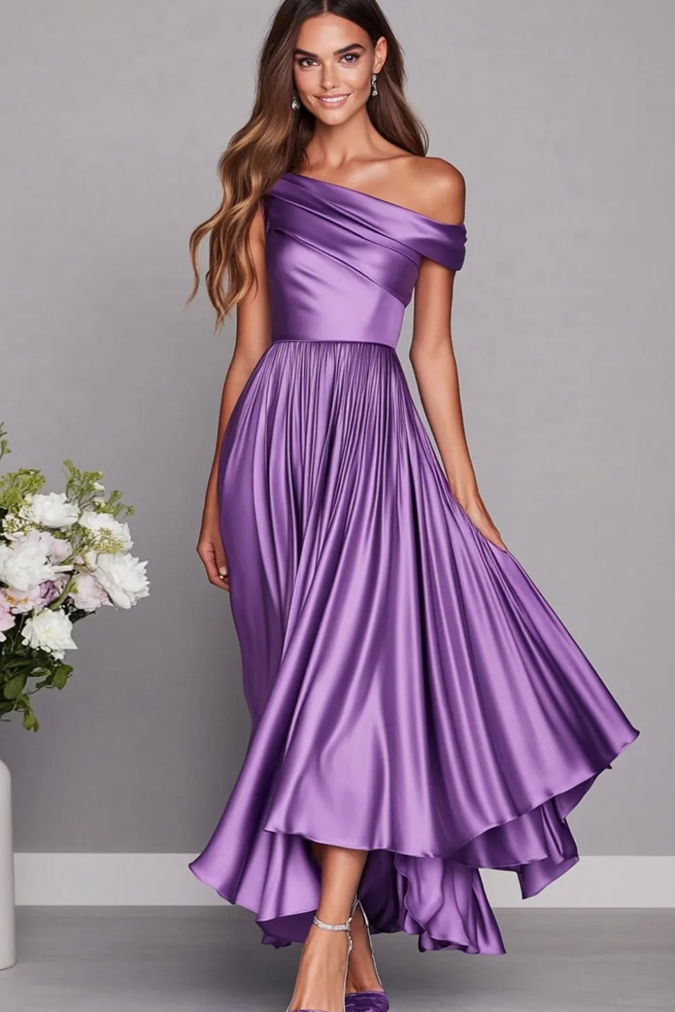 Vestidos Para Casamento Convidada Longo Lilás Um Ombro Cetim