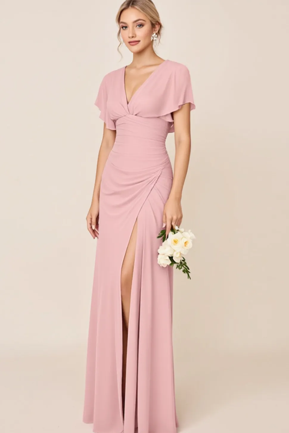 Vestidos Para Casamento Convidada com Fenda Longo Rosa Doce Bainha