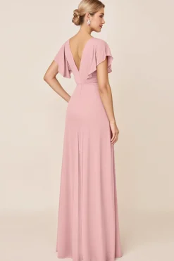 Vestidos Para Casamento Convidada com Fenda Longo Rosa Doce Bainha