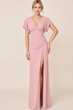 Vestidos Para Casamento Convidada com Fenda Longo Rosa Doce Bainha