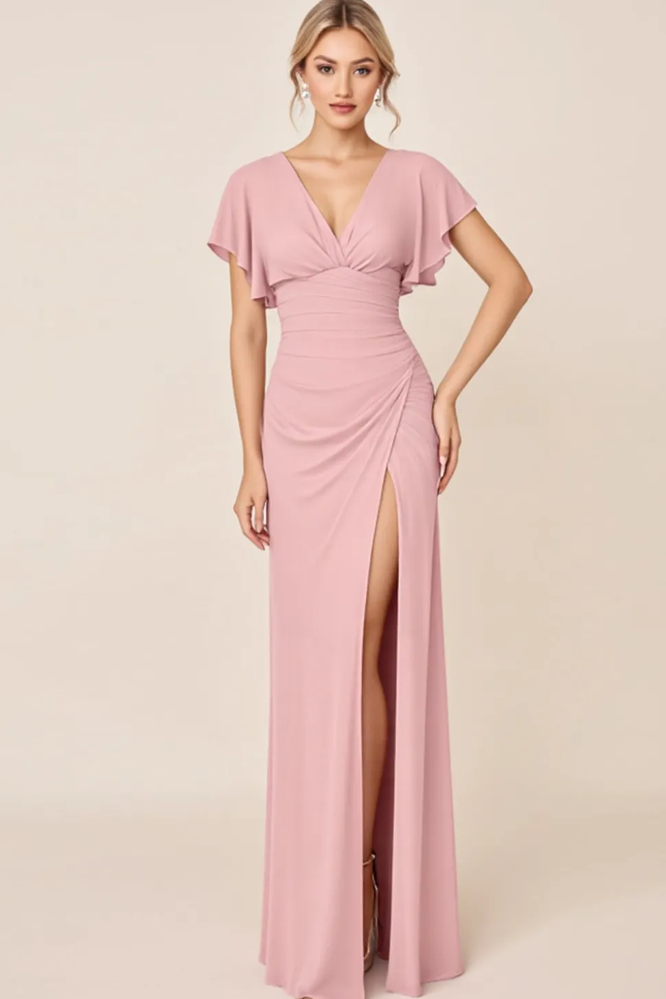 Vestidos Para Casamento Convidada com Fenda Longo Rosa Doce Bainha