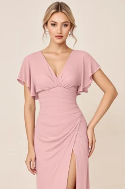 Vestidos Para Casamento Convidada com Fenda Longo Rosa Doce Bainha
