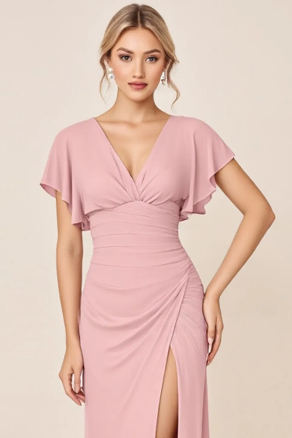 Vestidos Para Casamento Convidada com Fenda Longo Rosa Doce Bainha