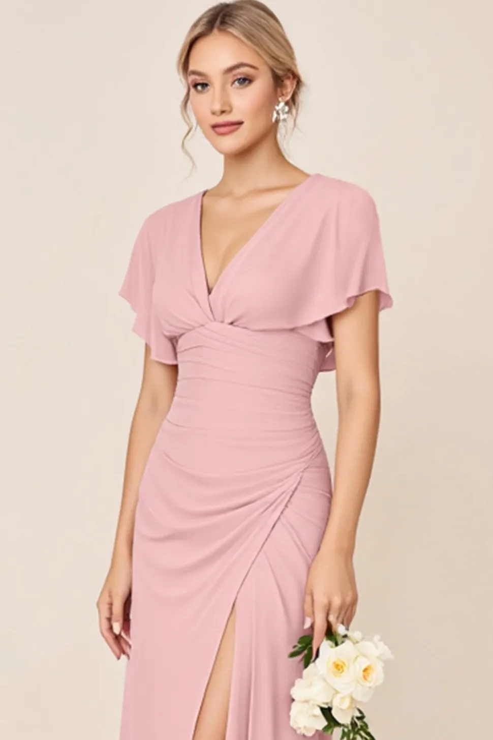 Vestidos Para Casamento Convidada com Fenda Longo Rosa Doce Bainha