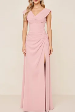 Vestidos Para Casamento Convidada com Fenda Rosa Doce Longo Bainha